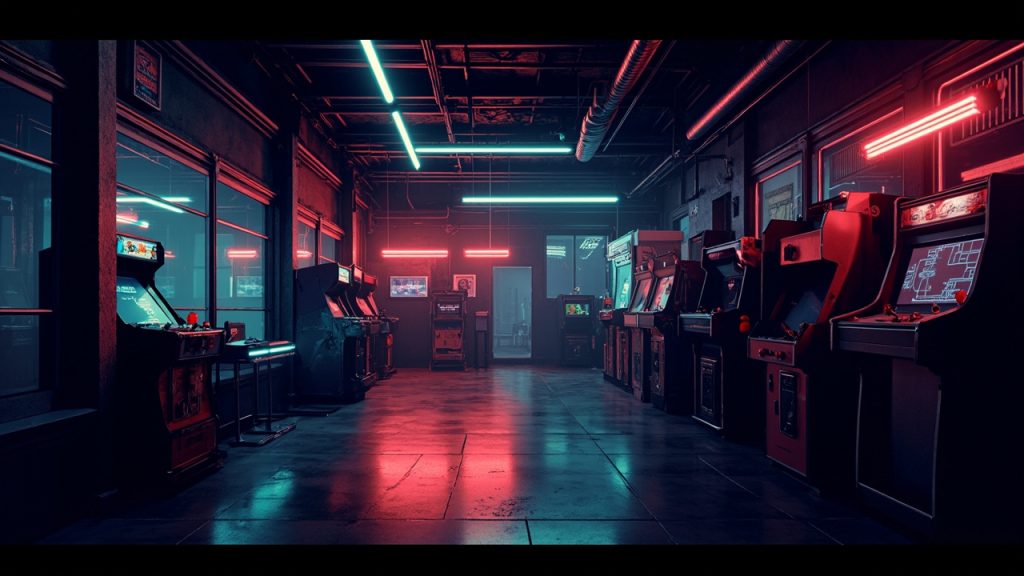 Illustration of a neon-lit retro arcade interior