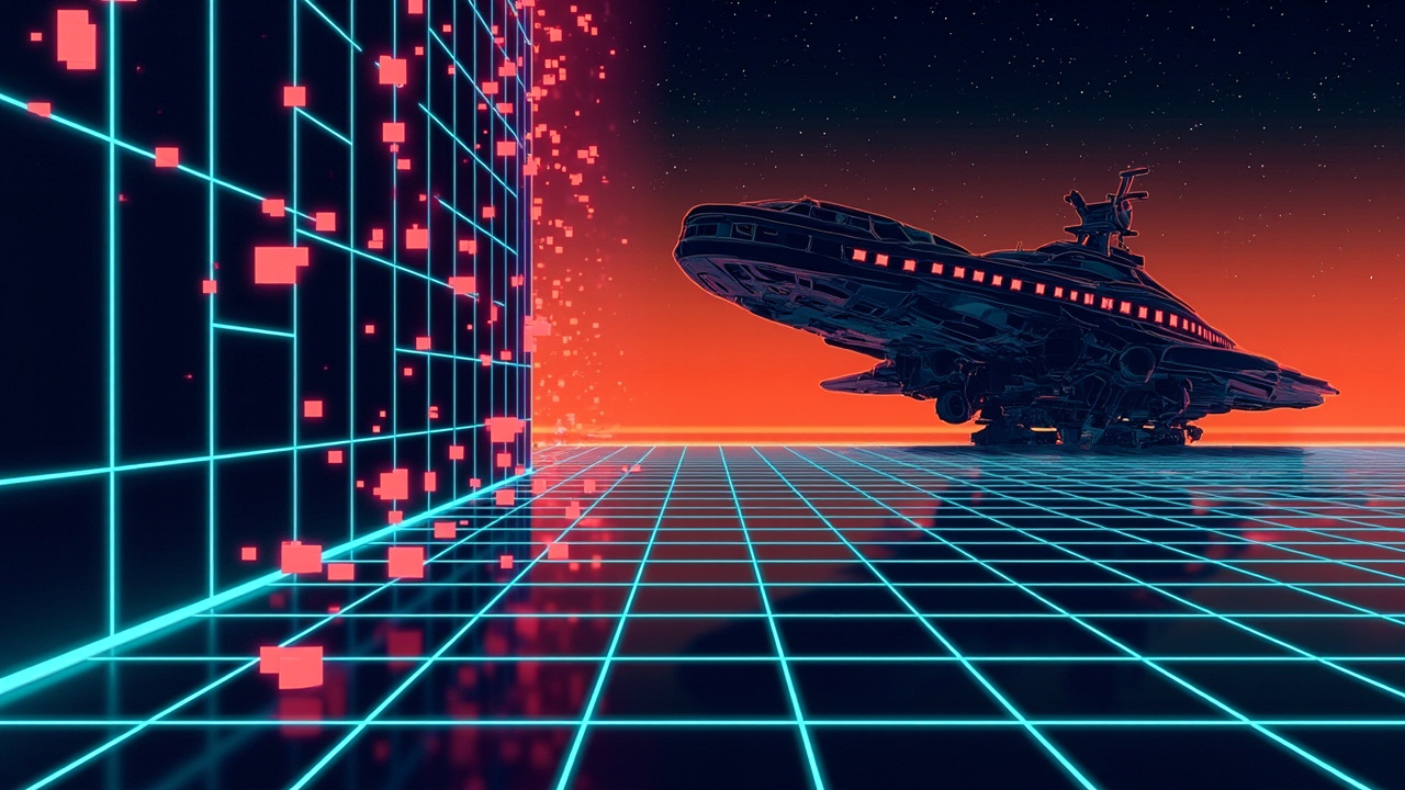Illustration: A puzzle game interface displays a grid of falling colored blocks on the left, paired with a stylized silhouette of a large spacecraft on the right against a vibrant orange and blue gradient background scattered with stars.