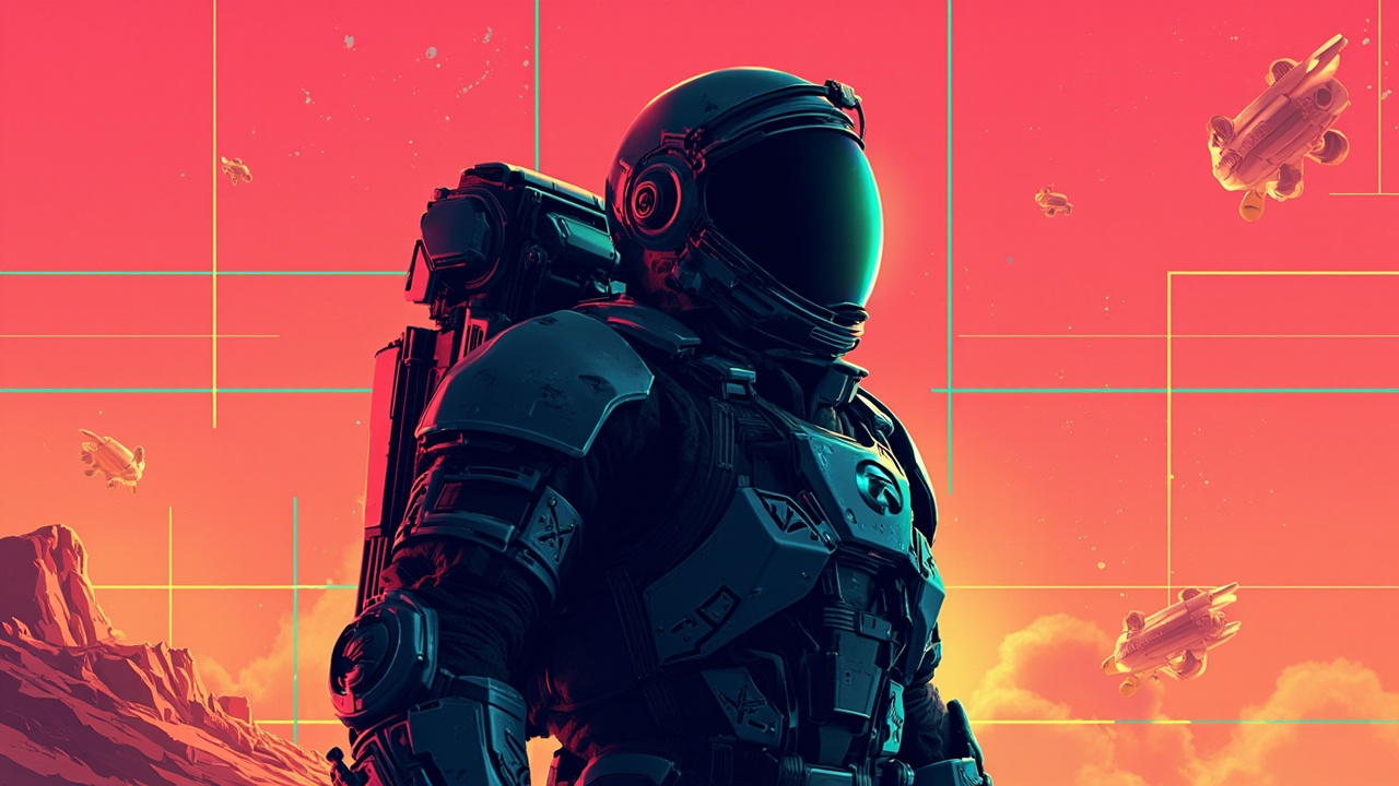 Illustration: A heavily armored astronaut figure in a bulky spacesuit and helmet is depicted in a stylized silhouette against a warm gradient background featuring grid patterns and scattered mascot-like shapes.