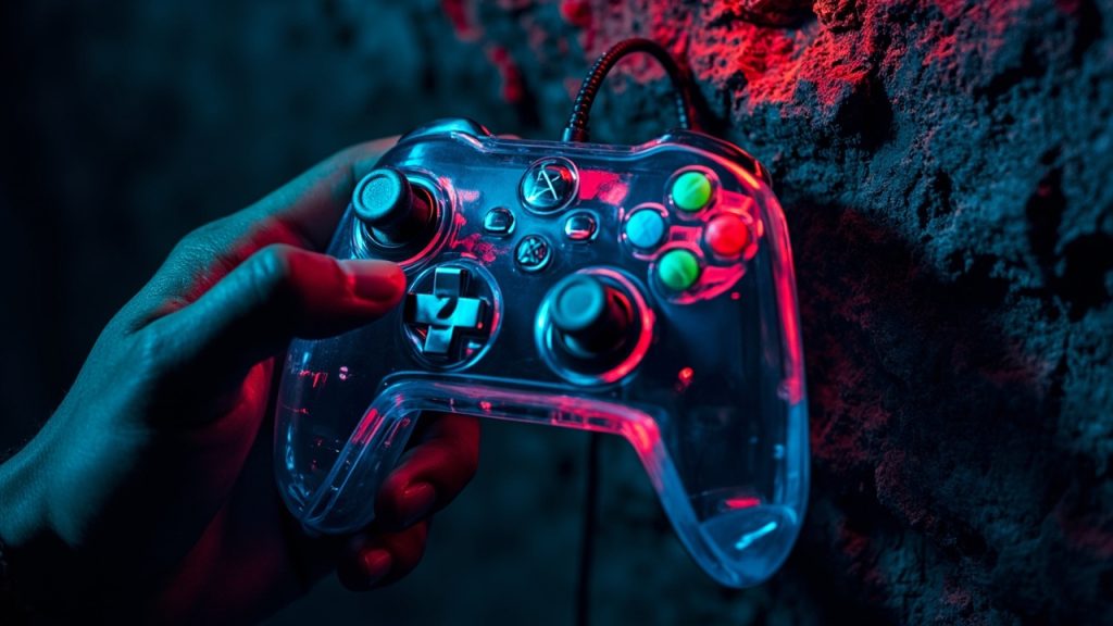 Illustration: A translucent, smoke-colored video game controller with colorful face buttons is held up against a rough stone wall.
