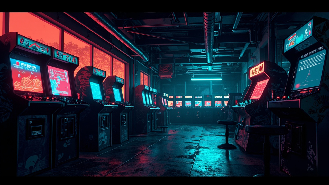 Illustration of a neon-lit retro arcade interior