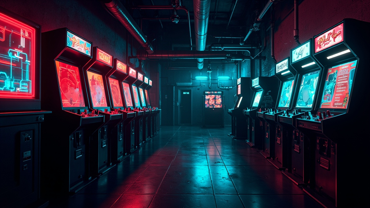 Illustration of a neon-lit retro arcade interior
