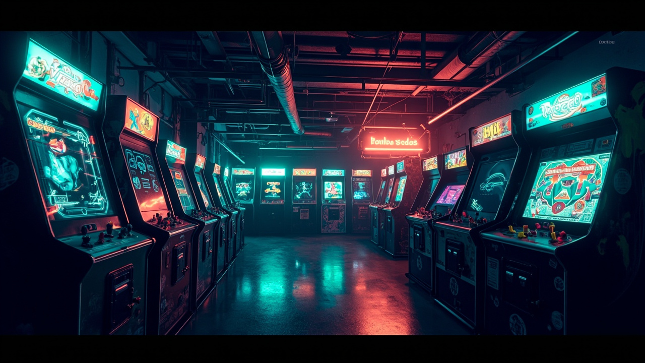 Illustration of a neon-lit retro arcade interior