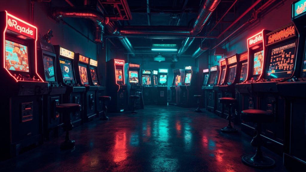 Illustration of a neon-lit retro arcade interior