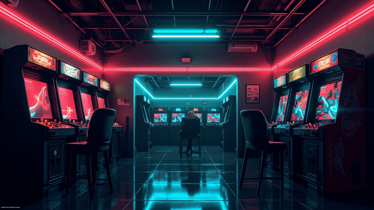 Illustration of a neon-lit retro arcade interior