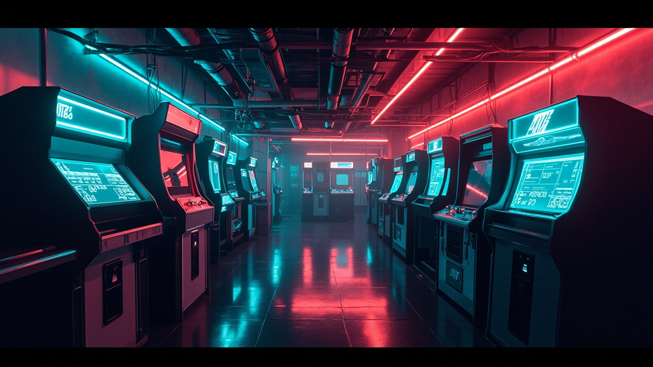 Illustration of a neon-lit retro arcade interior