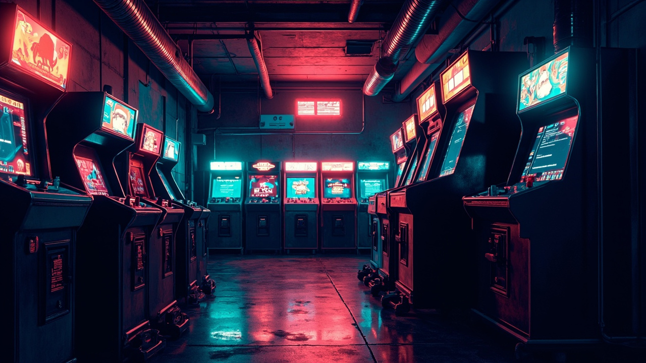 Illustration of a neon-lit retro arcade interior