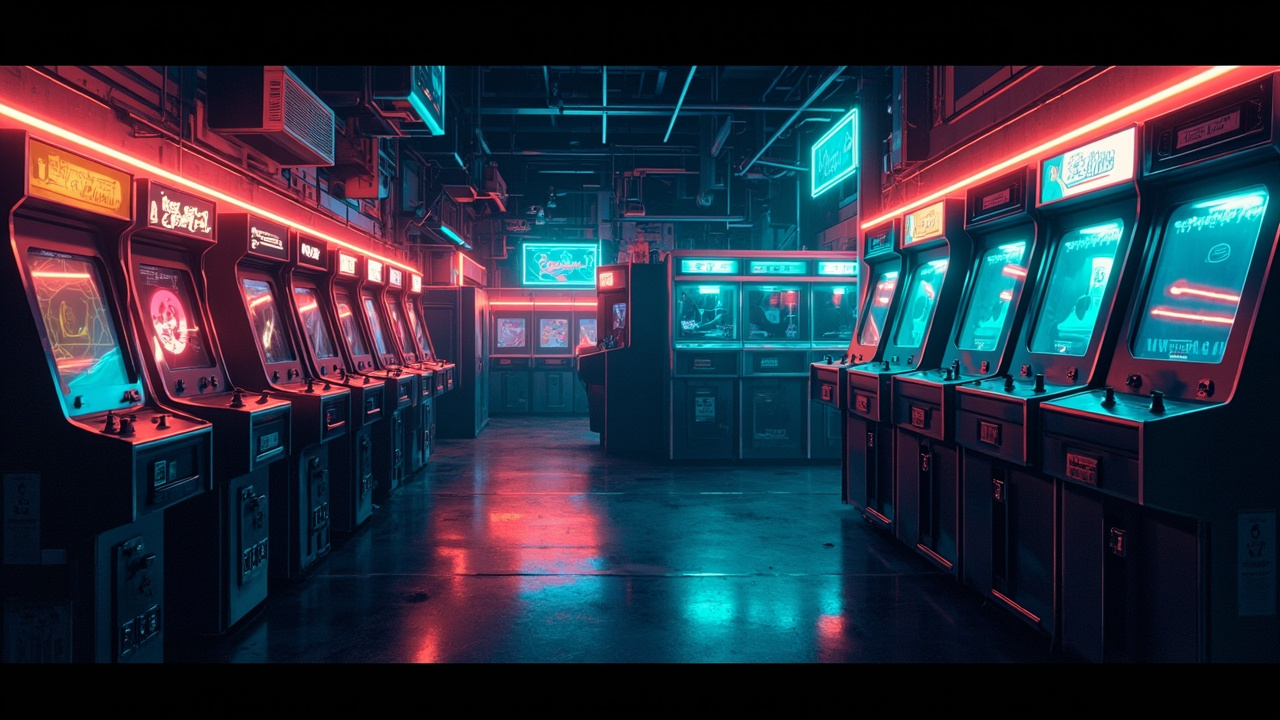 Illustration of a neon-lit retro arcade interior
