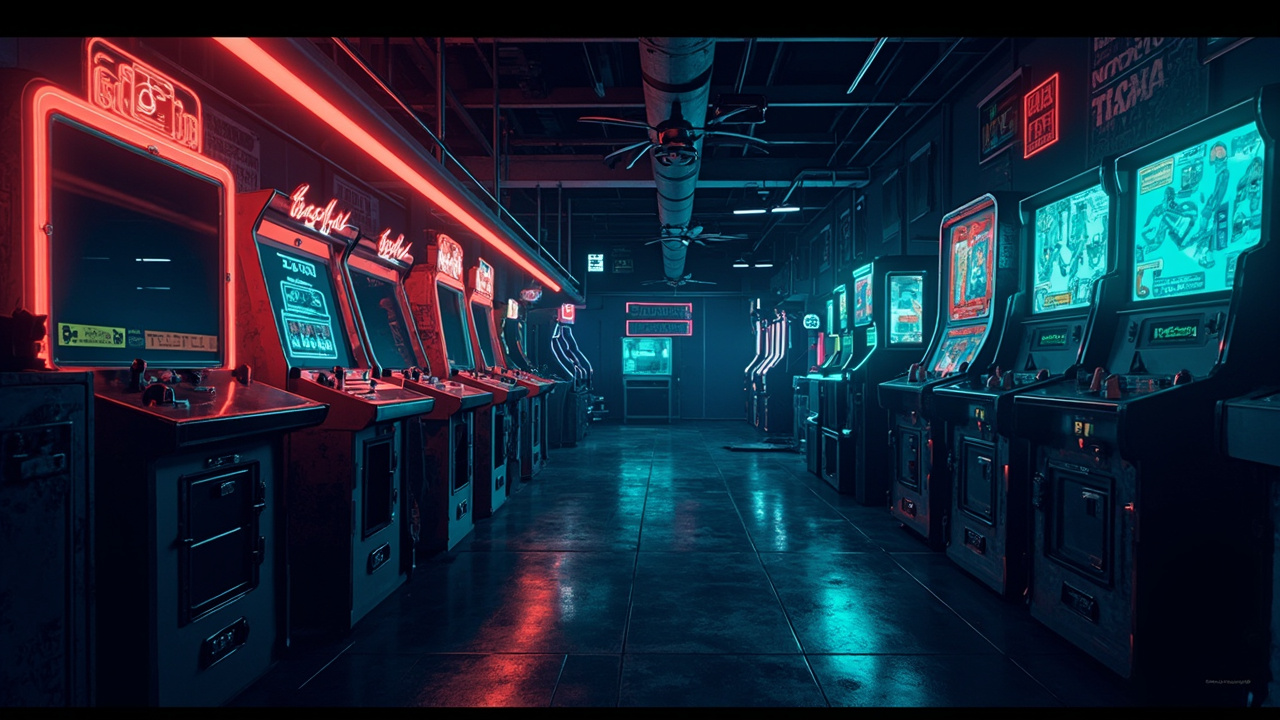 Illustration of a neon-lit retro arcade interior