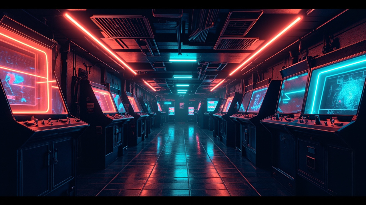 Illustration of a neon-lit retro arcade interior