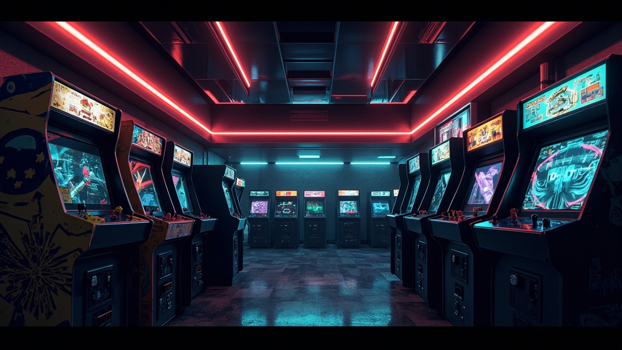Illustration of a neon-lit retro arcade interior