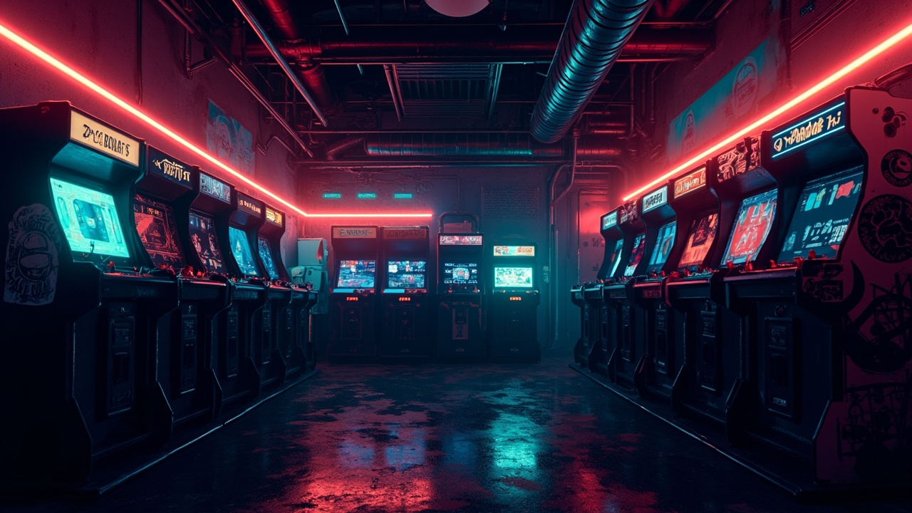 Illustration of a neon-lit retro arcade interior