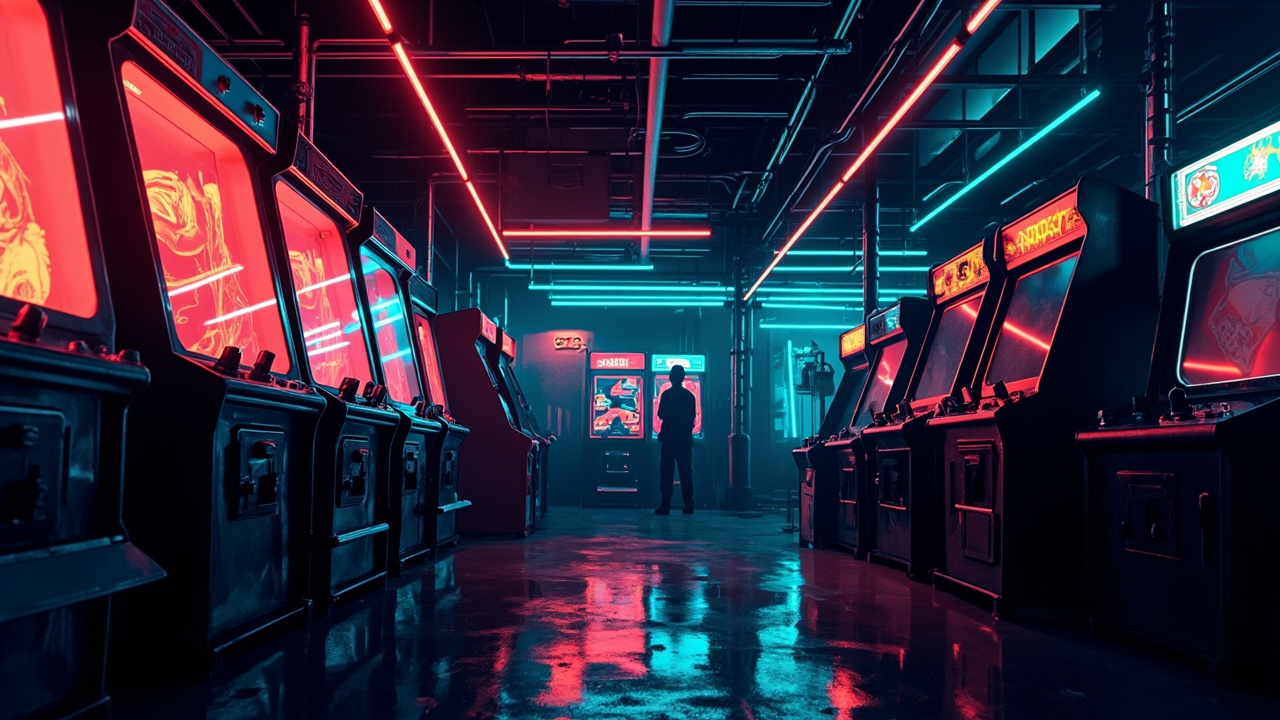Illustration of a neon-lit retro arcade interior