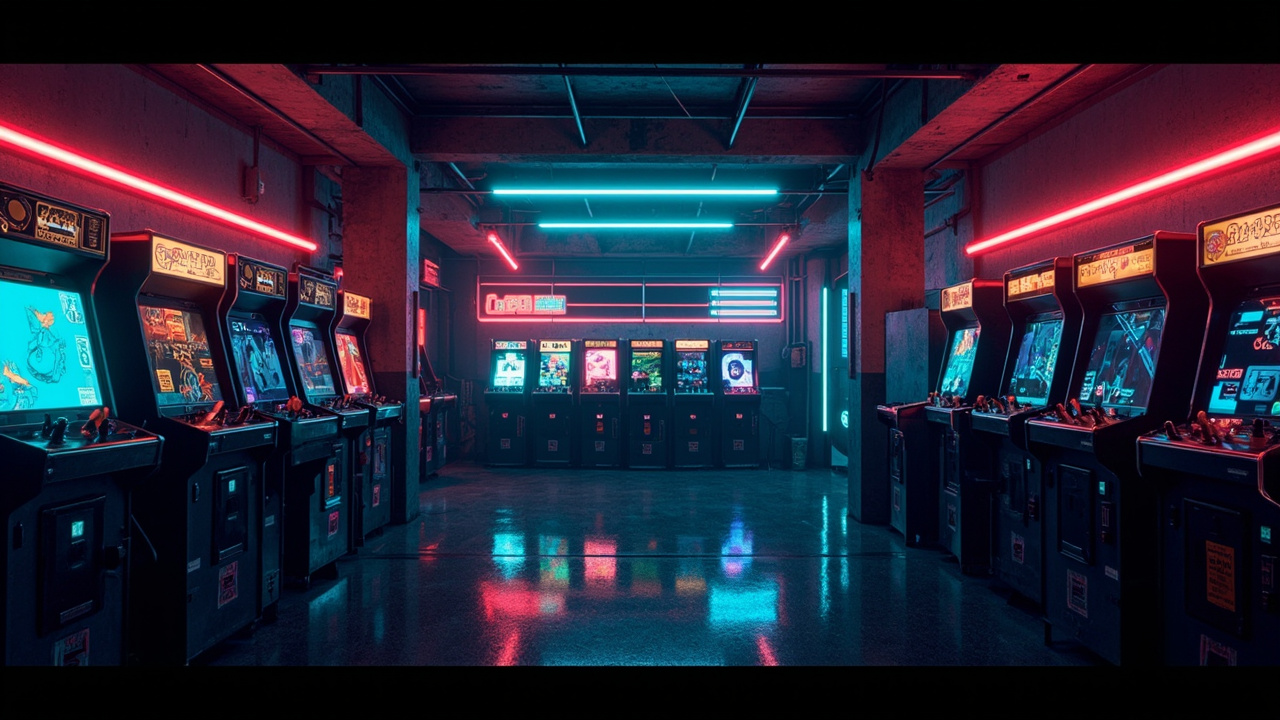 Illustration of a neon-lit retro arcade interior