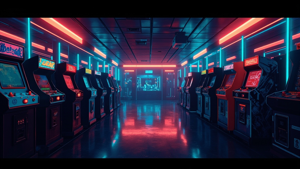 Illustration of a neon-lit retro arcade interior