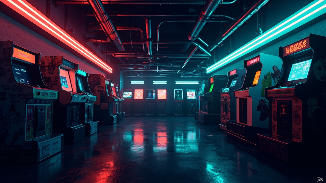 Illustration of a neon-lit retro arcade interior