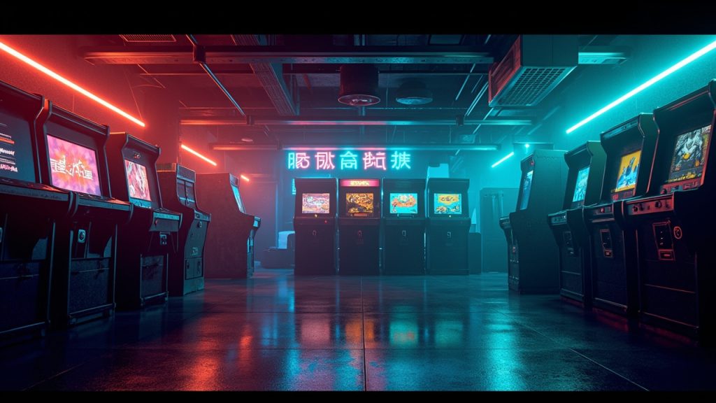 Illustration of a neon-lit retro arcade interior