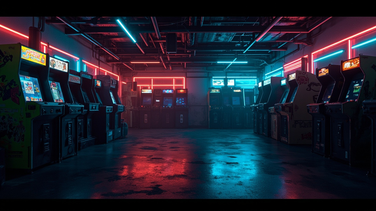 Illustration of a neon-lit retro arcade interior