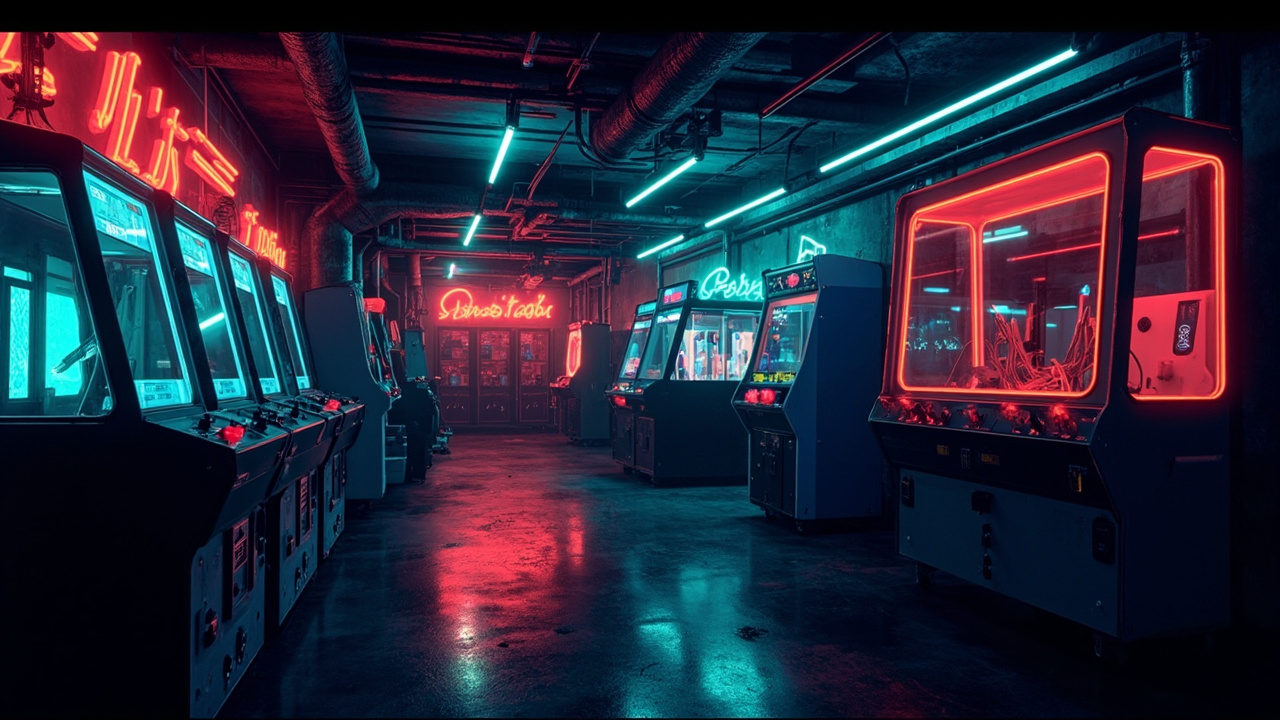 Illustration of a neon-lit retro arcade interior