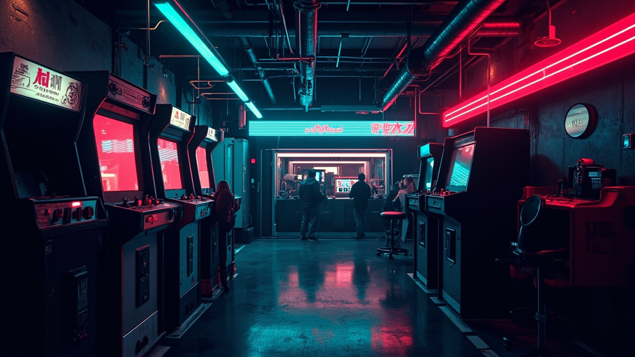 Illustration of a neon-lit retro arcade interior