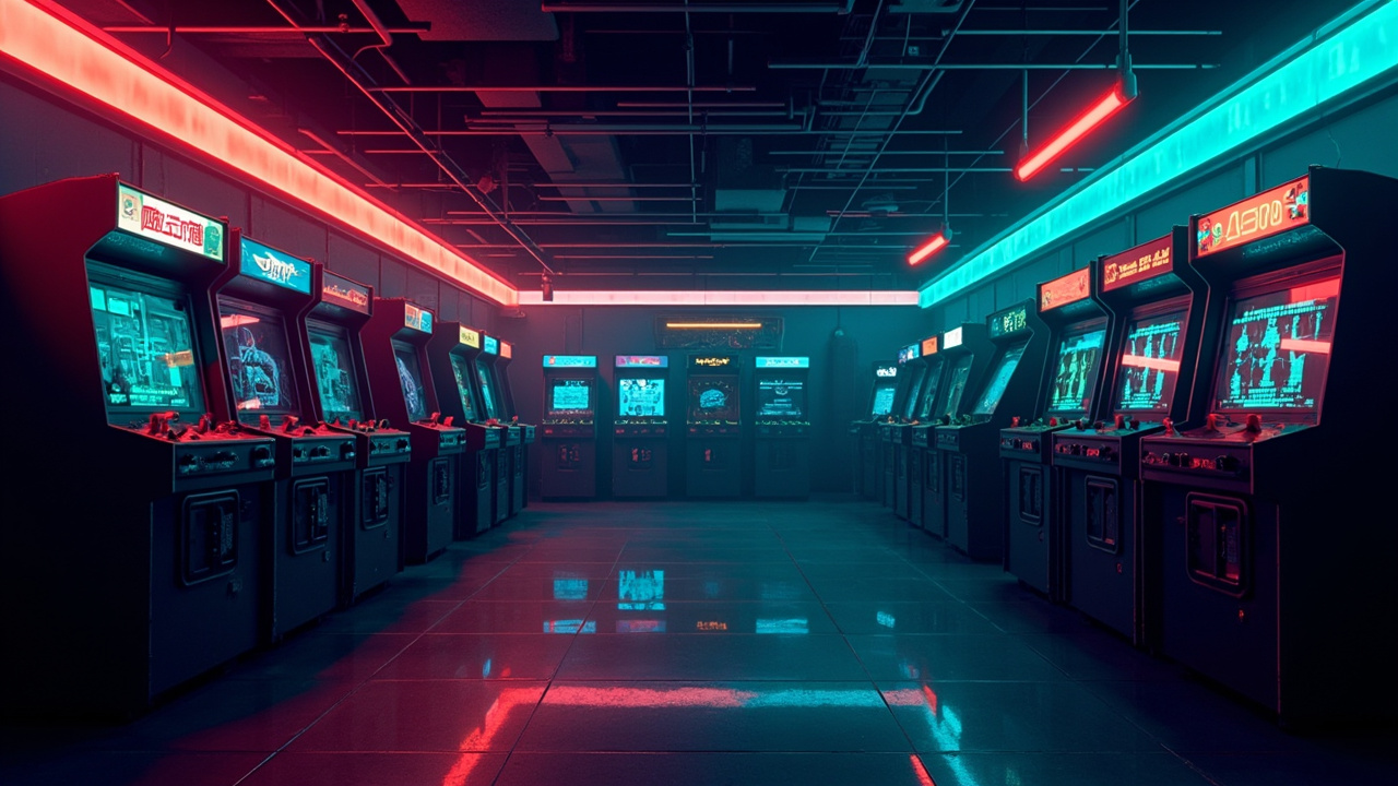 Illustration of a neon-lit retro arcade interior