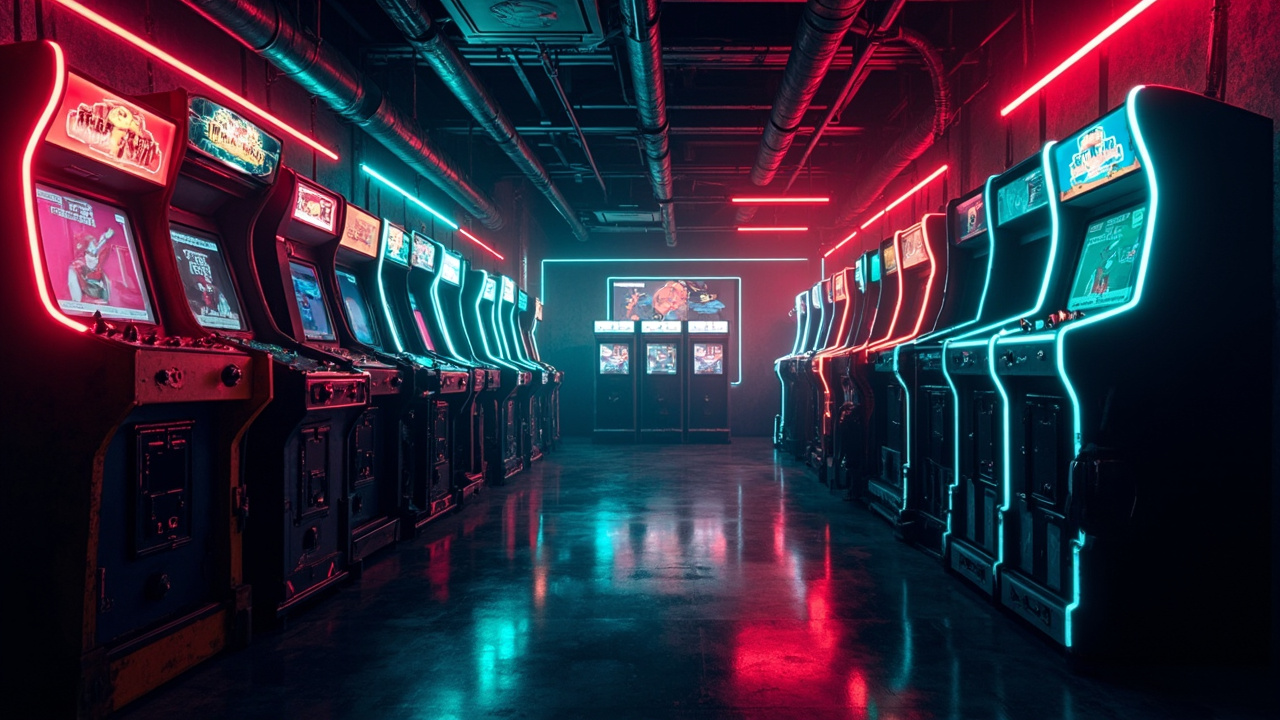 Illustration of a neon-lit retro arcade interior