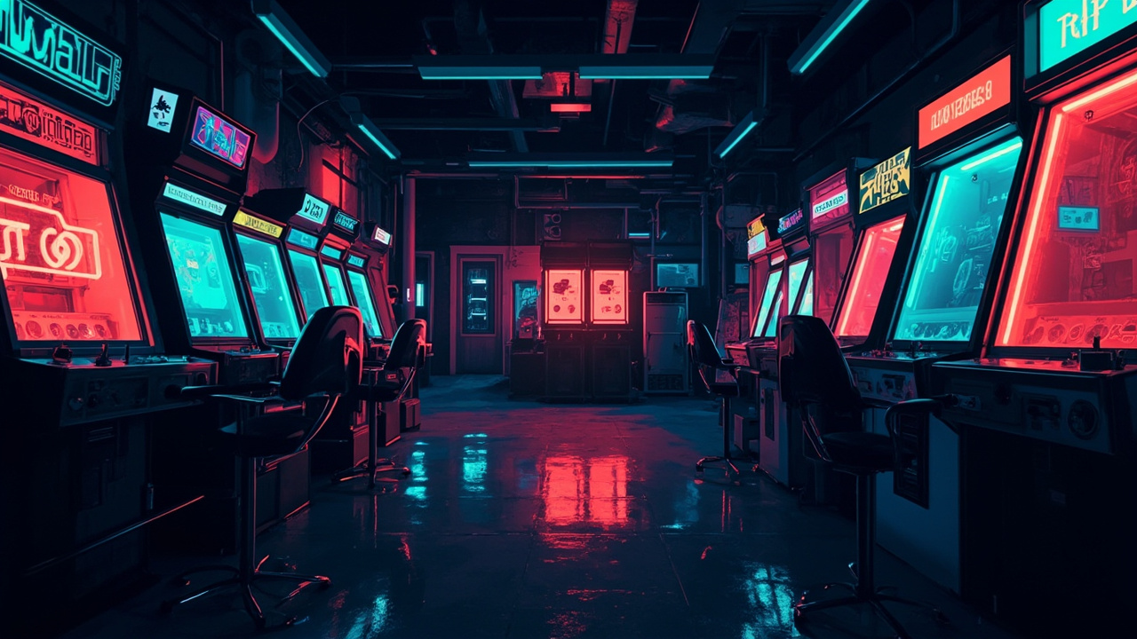 Illustration of a neon-lit retro arcade interior
