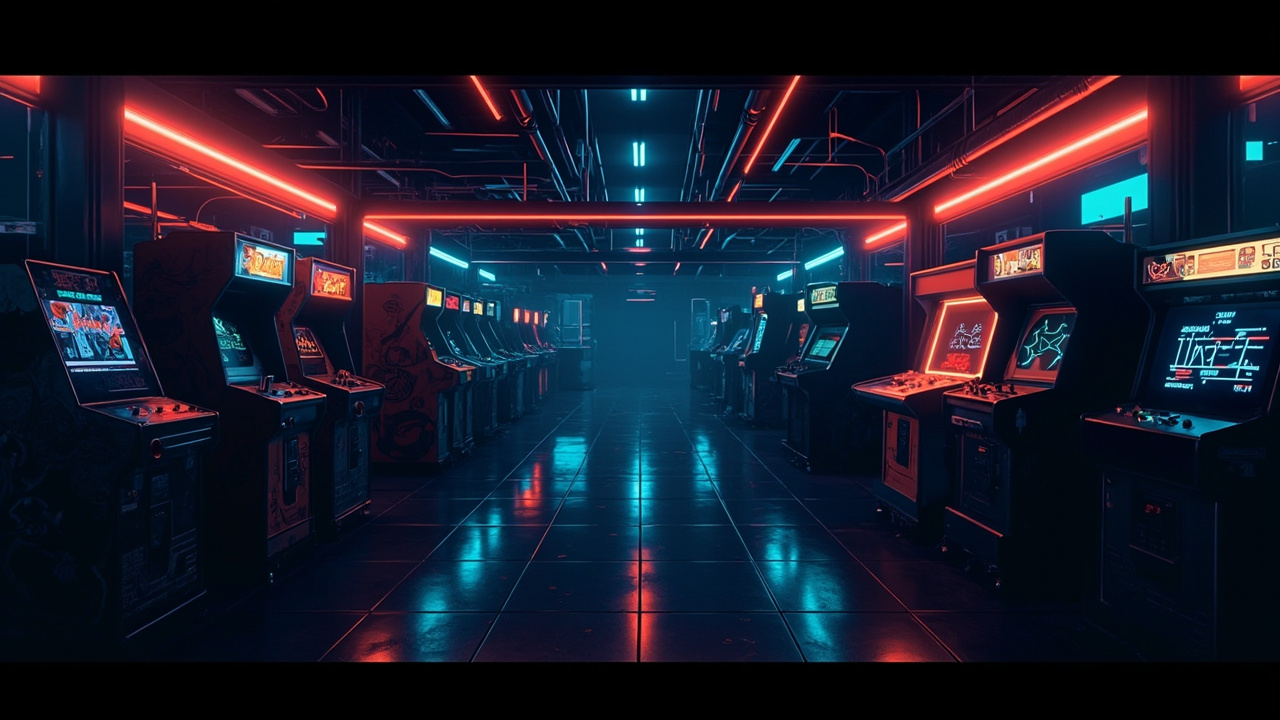 Illustration of a neon-lit retro arcade interior