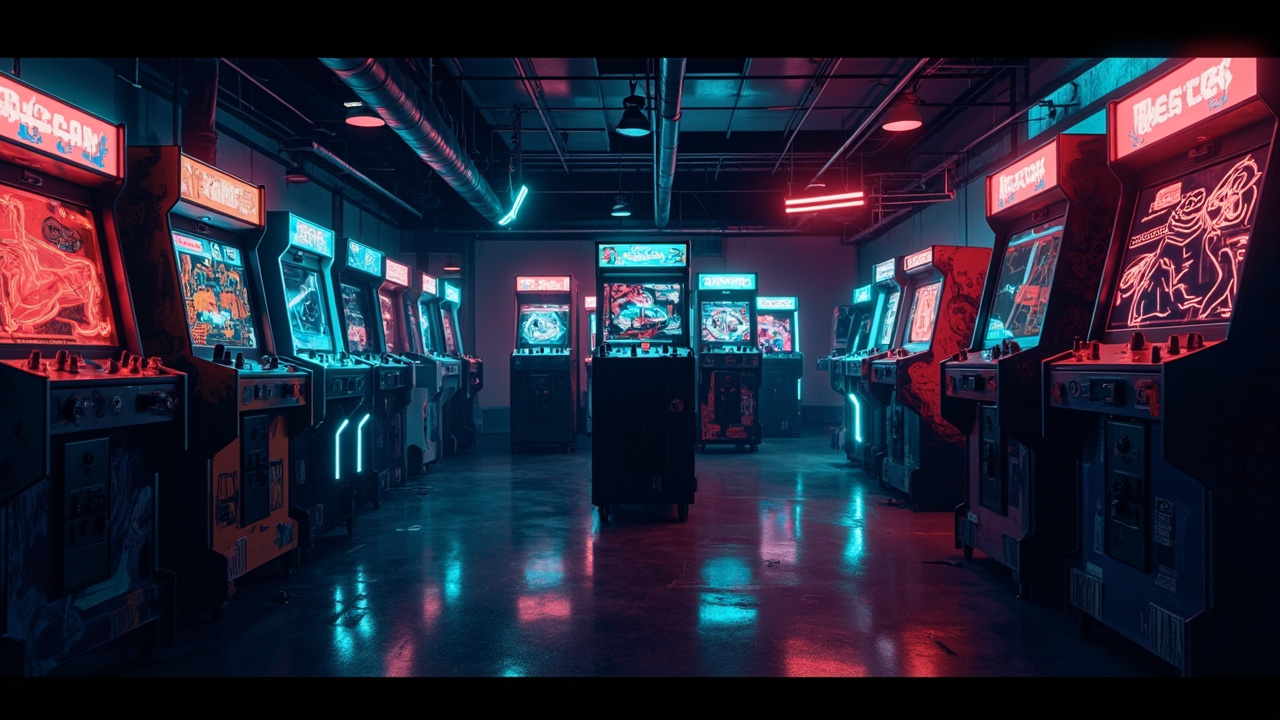 Illustration of a neon-lit retro arcade interior