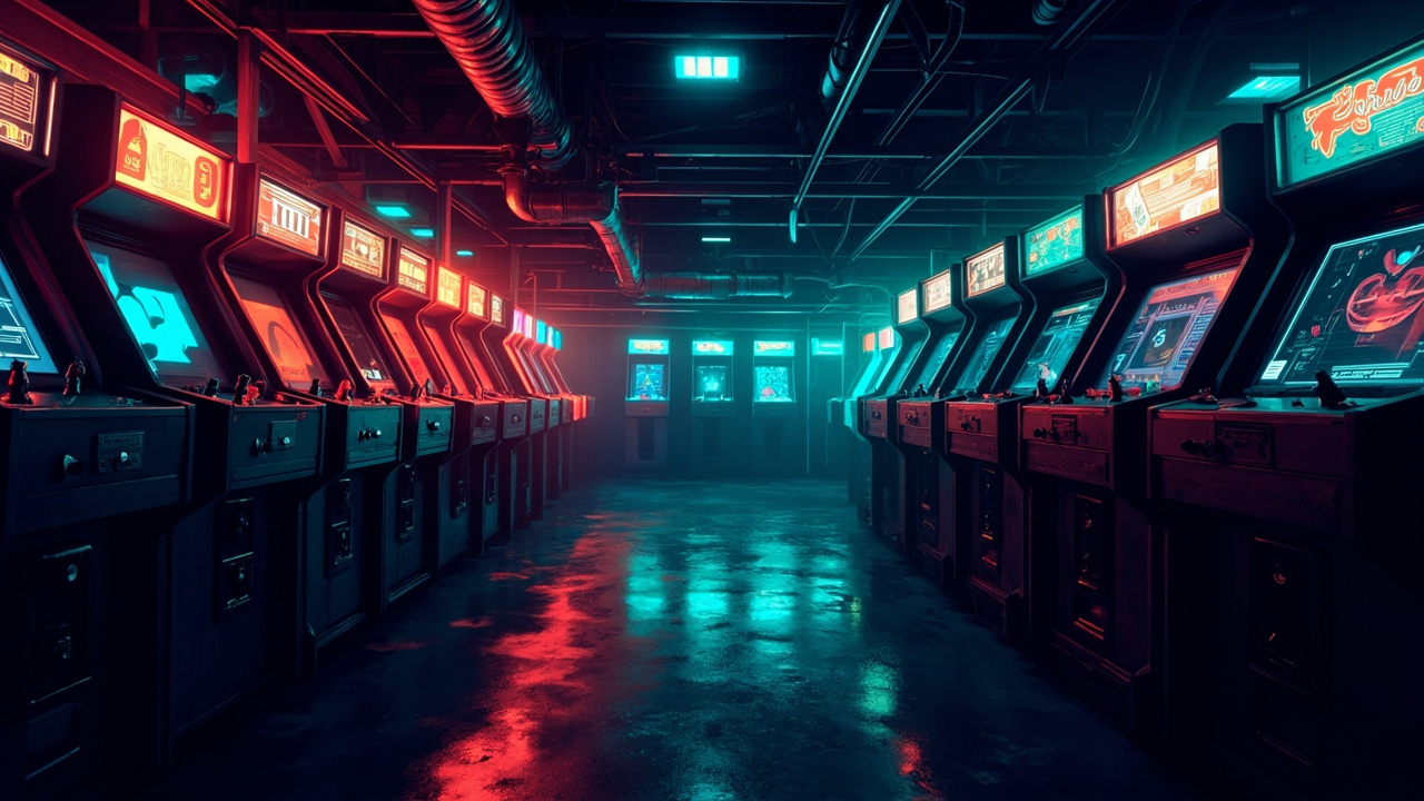Illustration of a neon-lit retro arcade interior