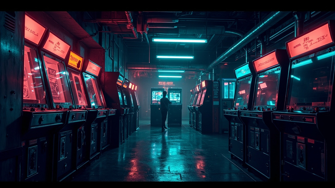 Illustration of a neon-lit retro arcade interior