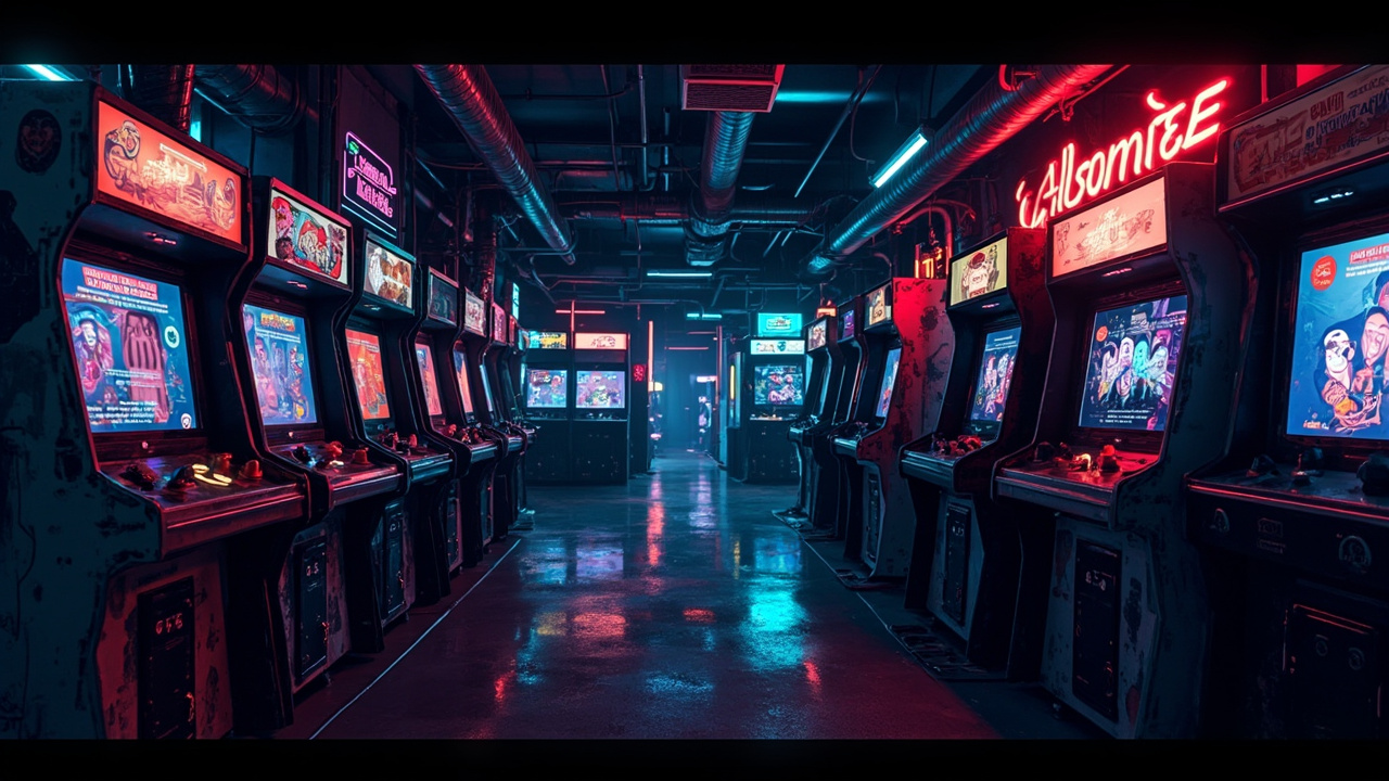 Illustration of a neon-lit retro arcade interior