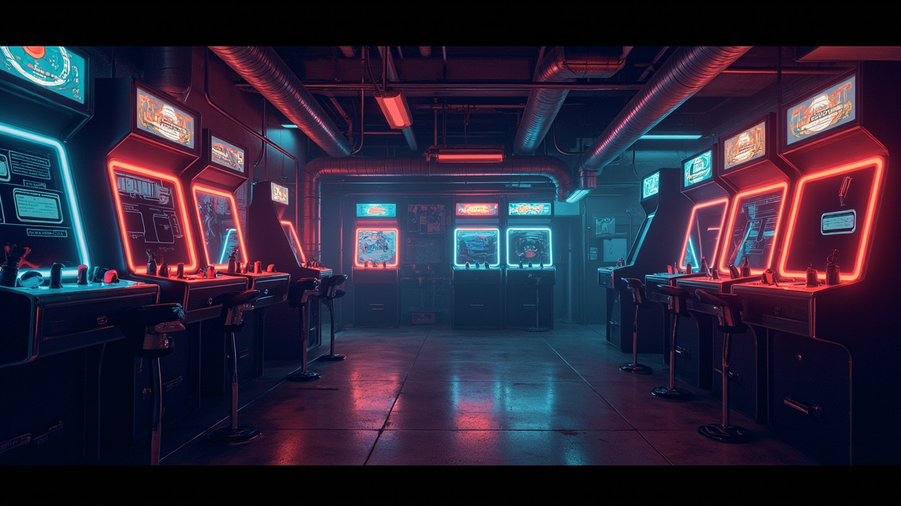 Illustration of a neon-lit retro arcade interior