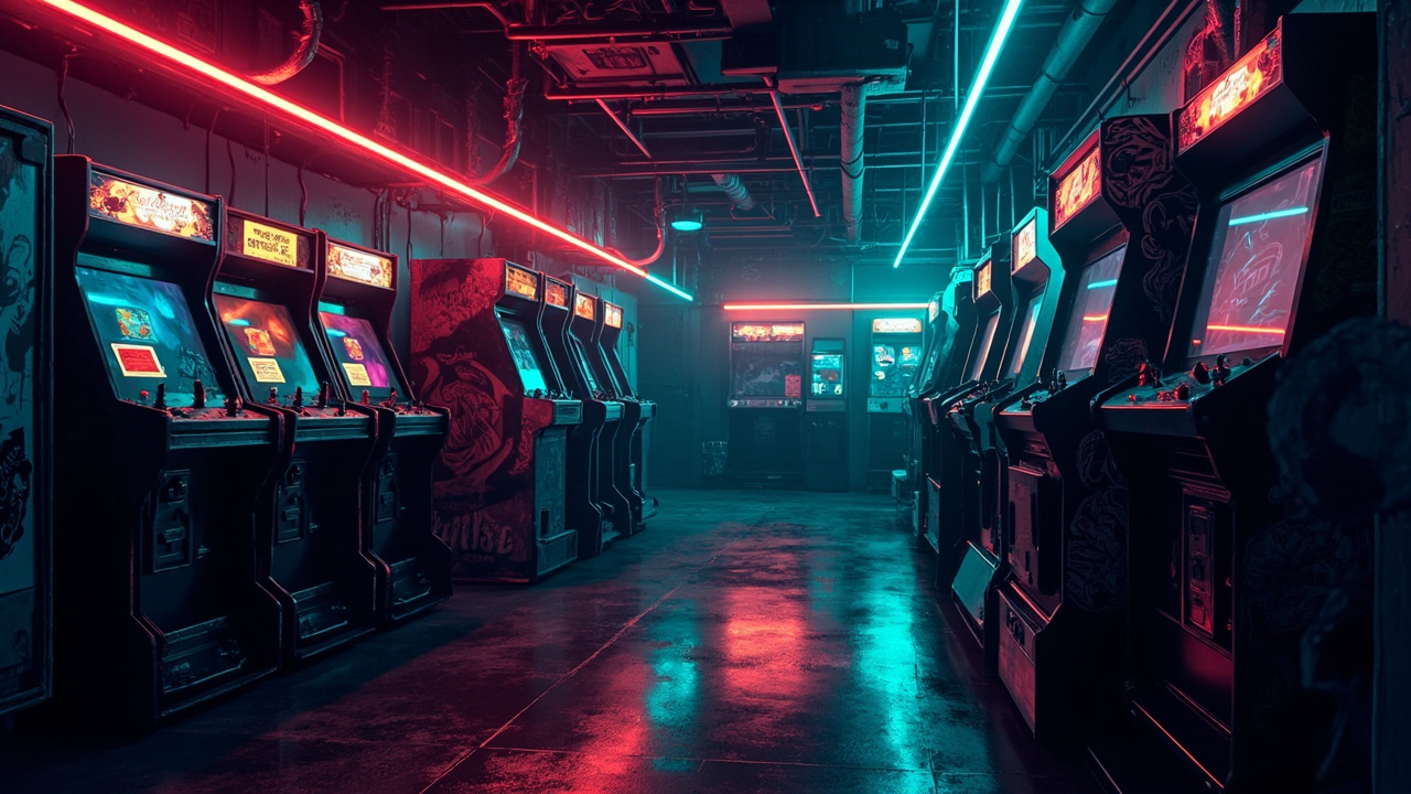 Illustration of a neon-lit retro arcade interior