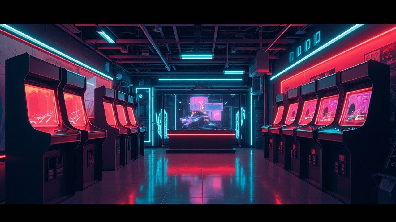 Illustration of a neon-lit retro arcade interior