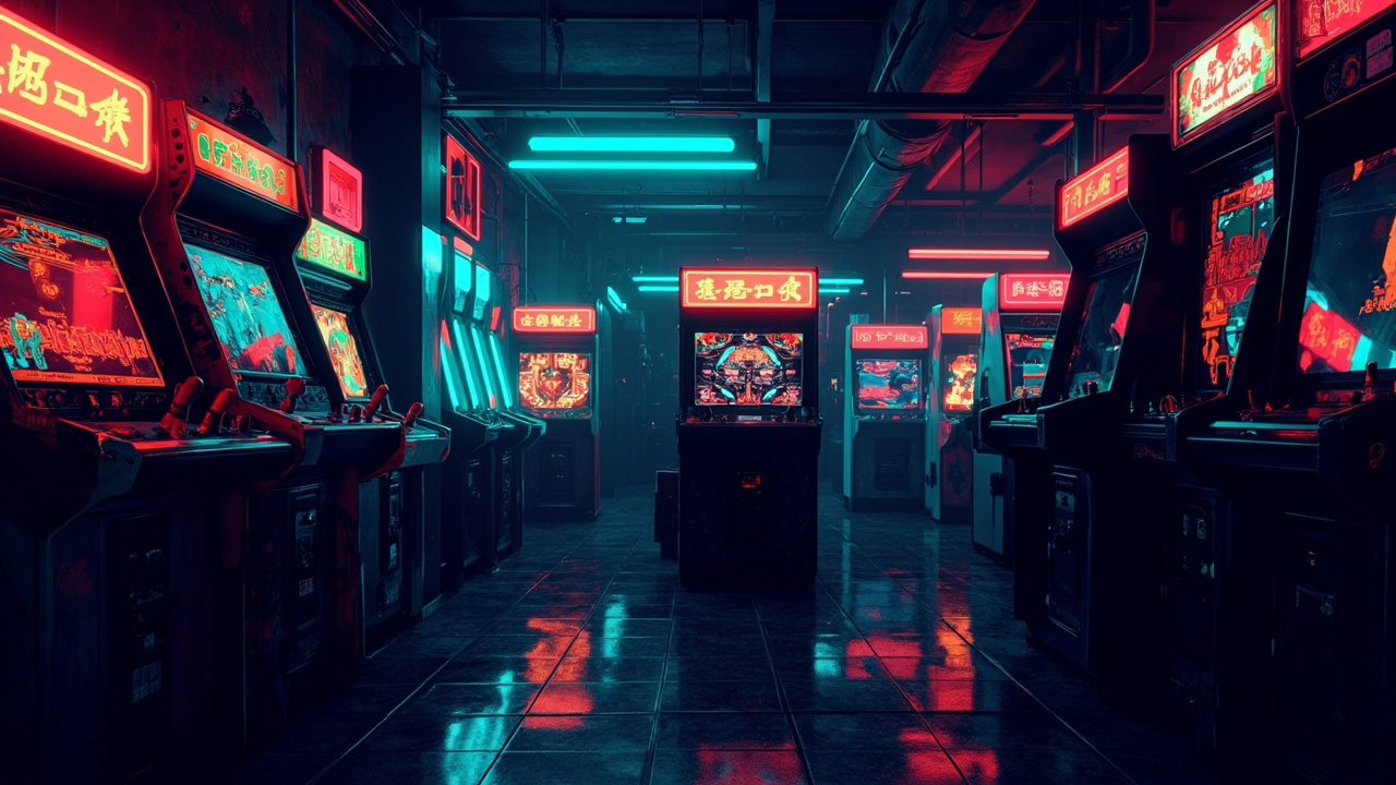 Illustration of a neon-lit retro arcade interior