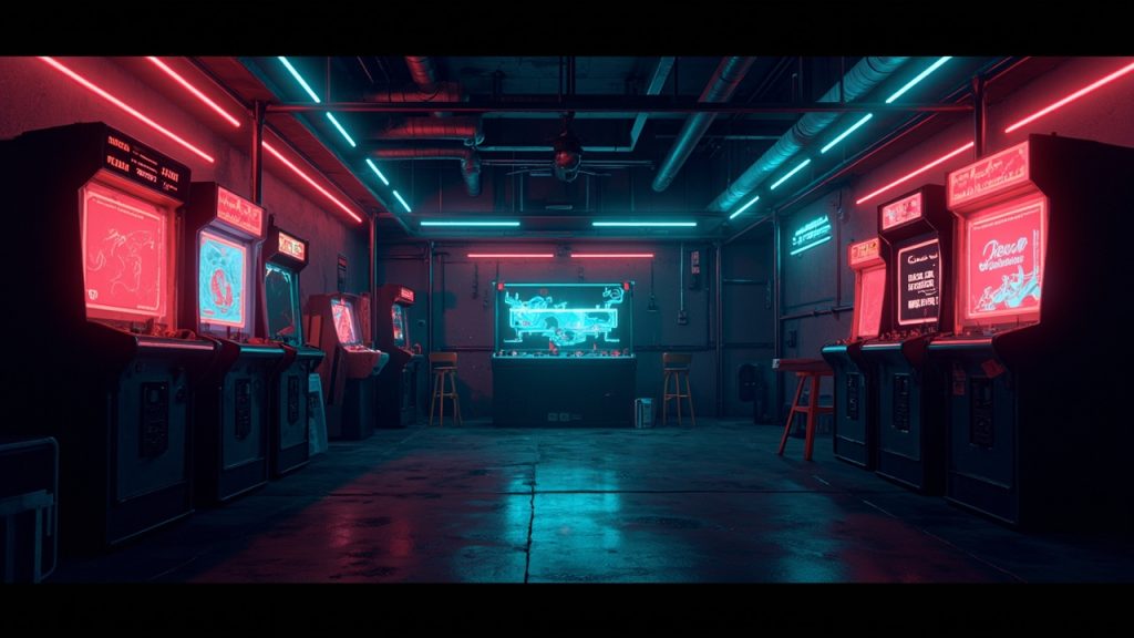 Illustration of a neon-lit retro arcade interior