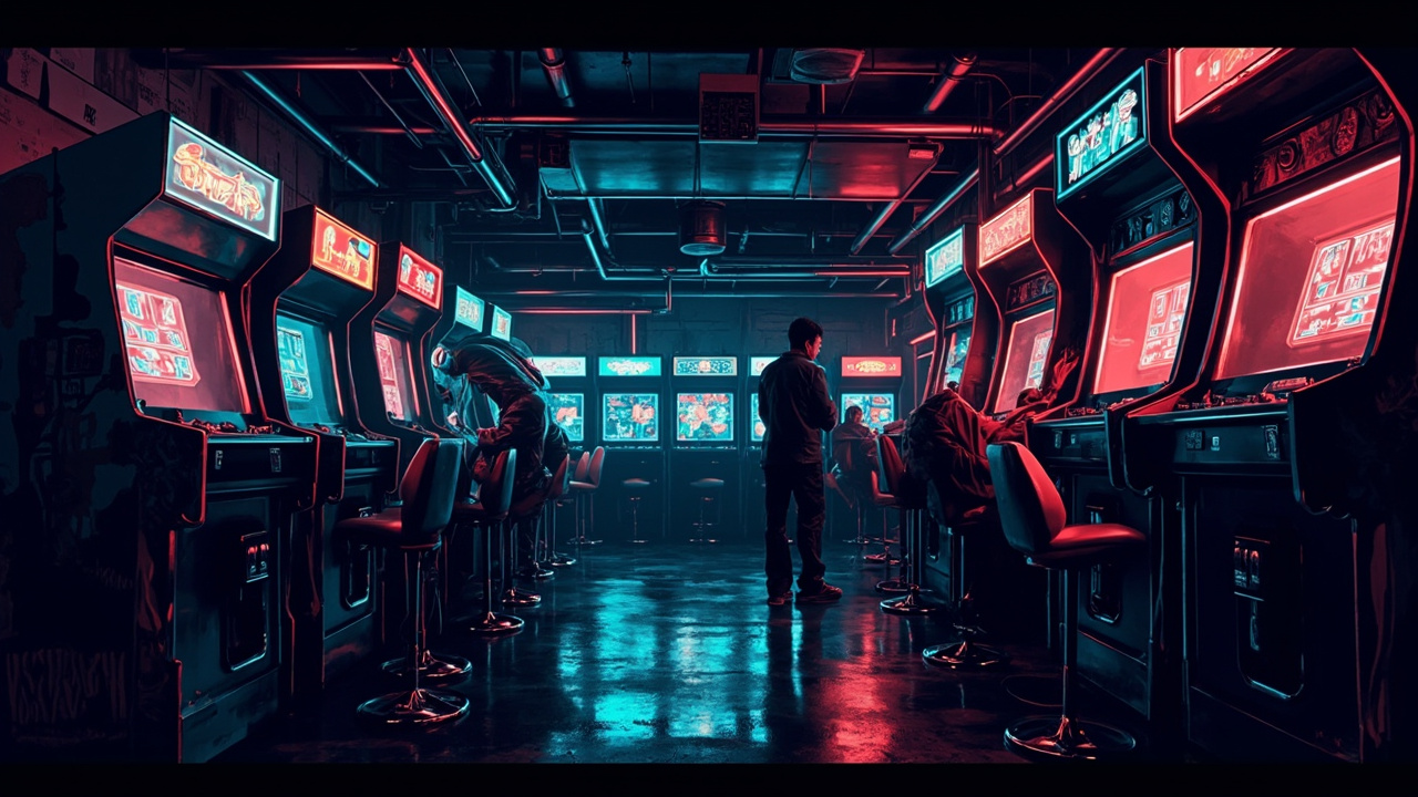 Illustration of a neon-lit retro arcade interior