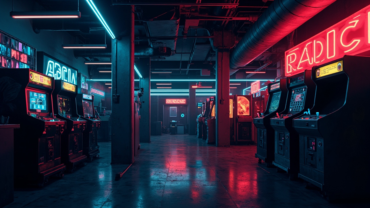 Illustration of a neon-lit retro arcade interior