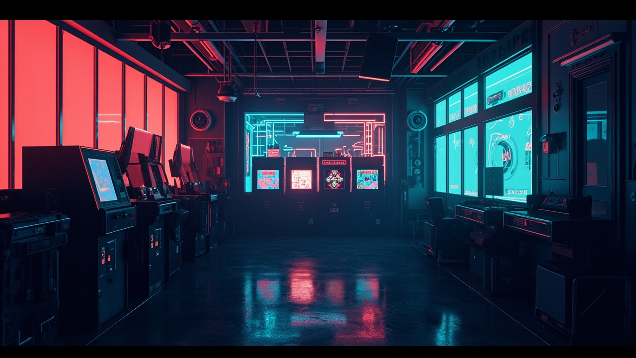 Illustration of a neon-lit retro arcade interior