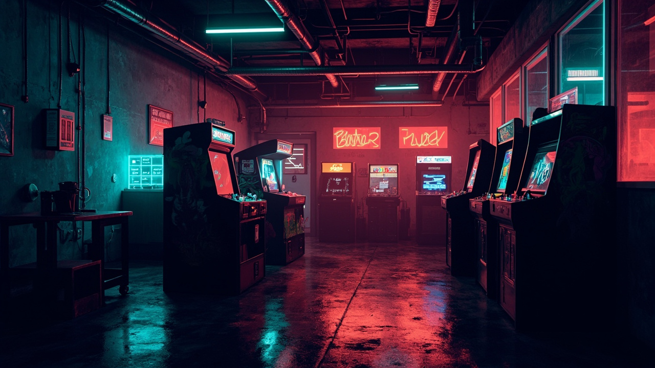 Illustration of a neon-lit retro arcade interior