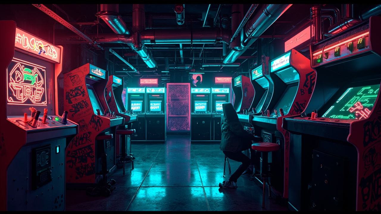 Illustration of a neon-lit retro arcade interior