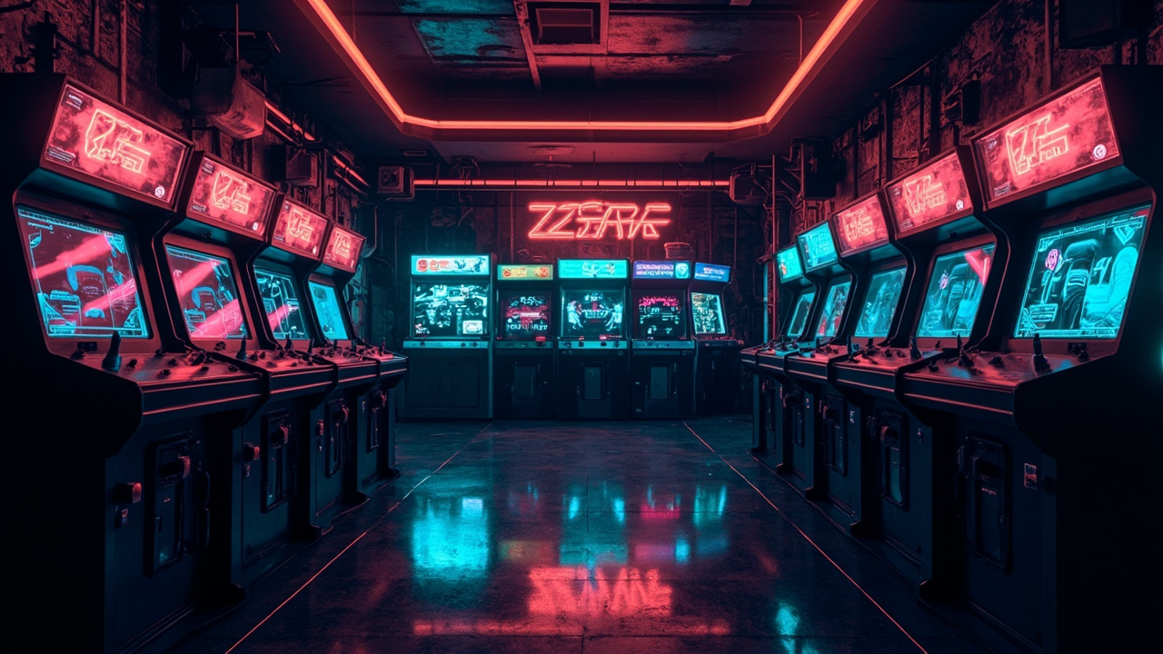 Illustration of a neon-lit retro arcade interior