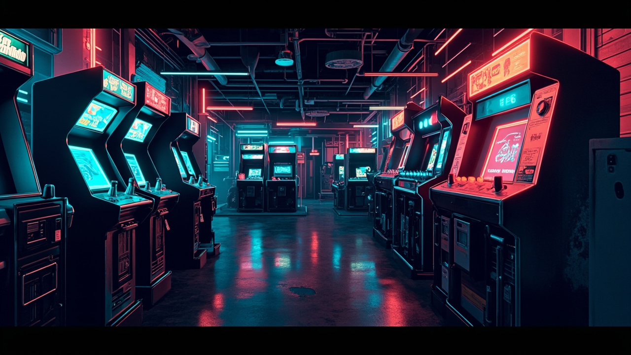Illustration of a neon-lit retro arcade interior
