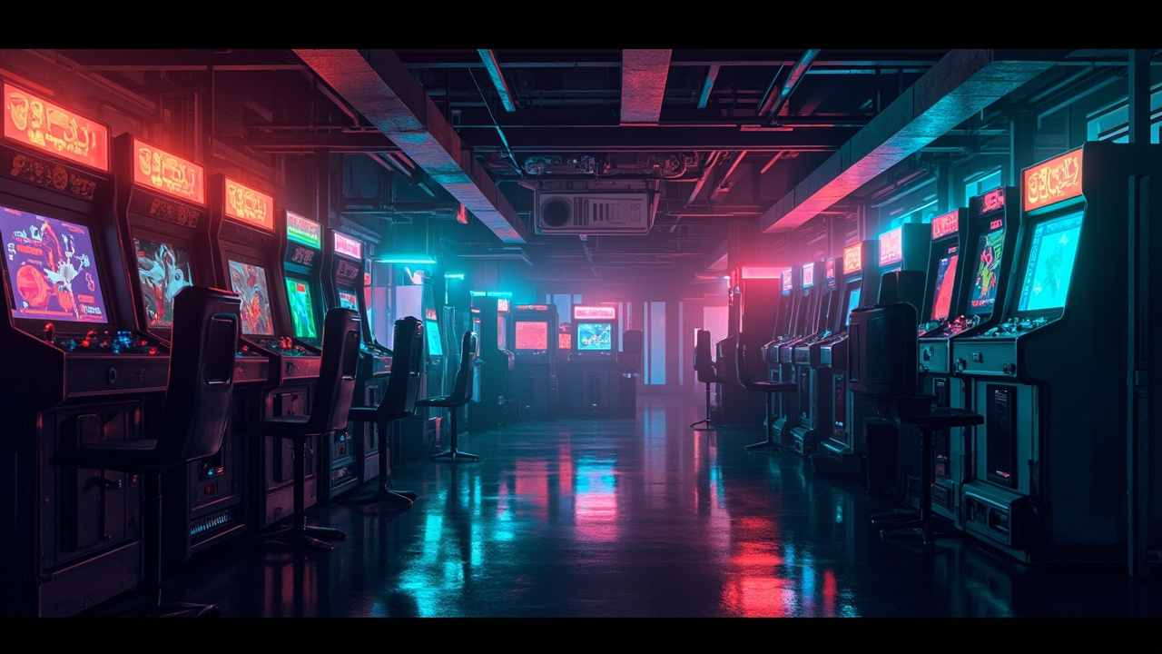 Illustration of a neon-lit retro arcade interior