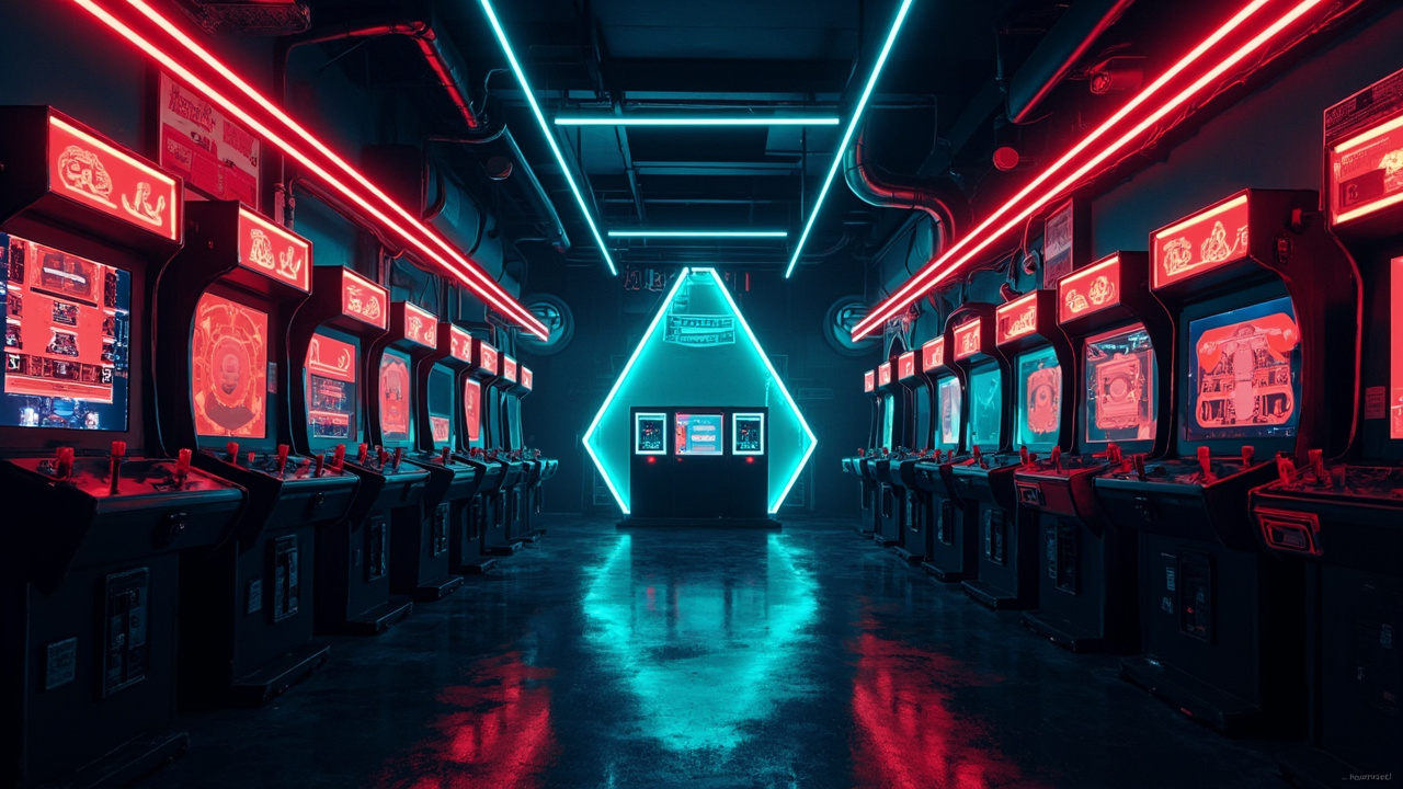 Illustration of a neon-lit retro arcade interior