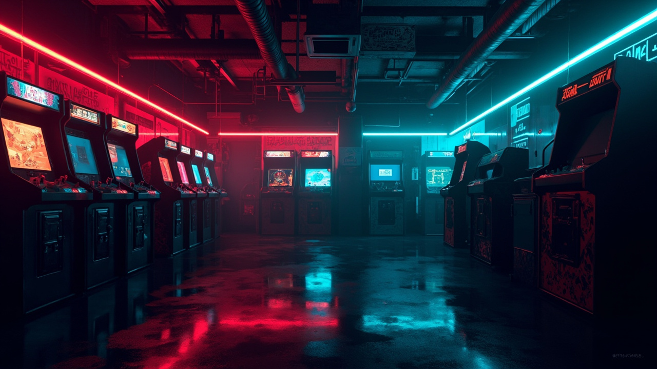 Illustration of a neon-lit retro arcade interior