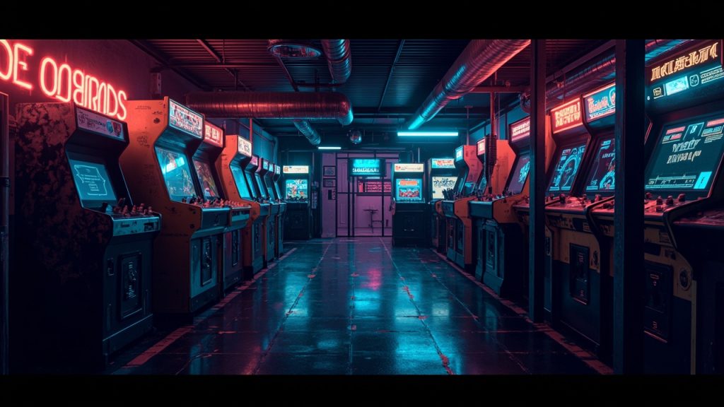 Illustration of a neon-lit retro arcade interior