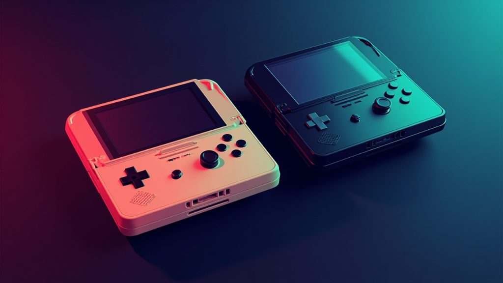 Illustration: Two handheld gaming consoles, one in cream and one in black, sit side by side against contrasting gradient backgrounds, each featuring a screen at the top, a directional pad, four action buttons, two small start/select buttons, and a single analog th