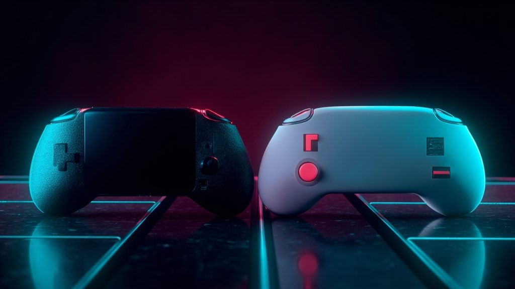 Illustration: Two handheld gaming consoles, one black and one white, are displayed side by side on a reflective surface against a dark background.